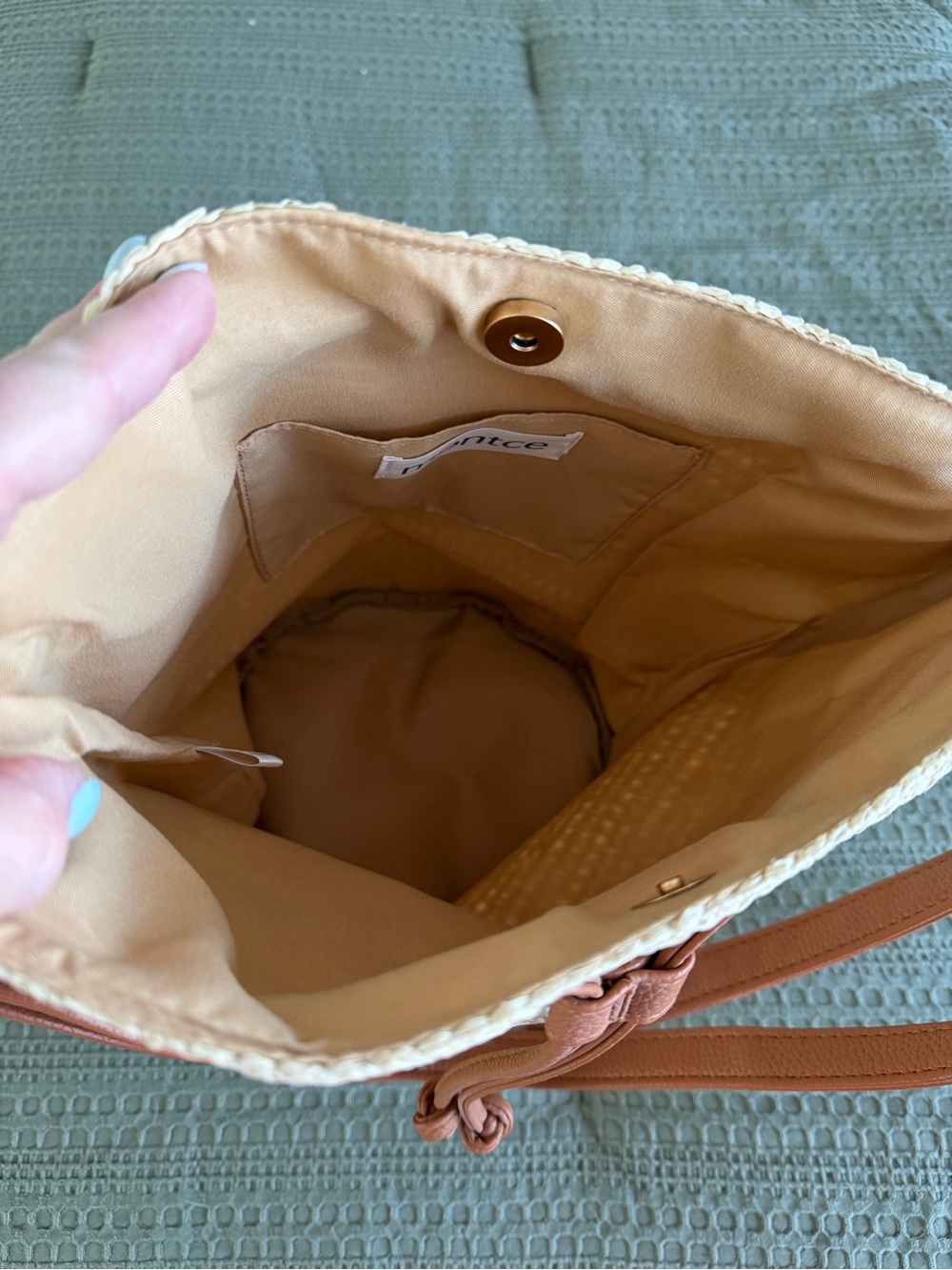 Montce Tan Woven Bucket Bag with Brown Drawstring and Adjustable Strap - Picture 3 of 4
